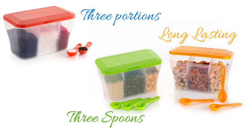 three partition kitchen grocery storage containers